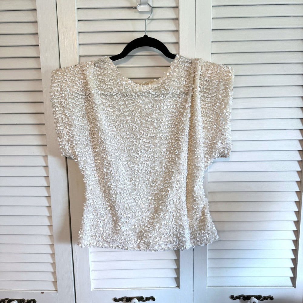 Lizette Collection‎ Sequin Top Padded Shoulder Large Cream Womens Vintage Style